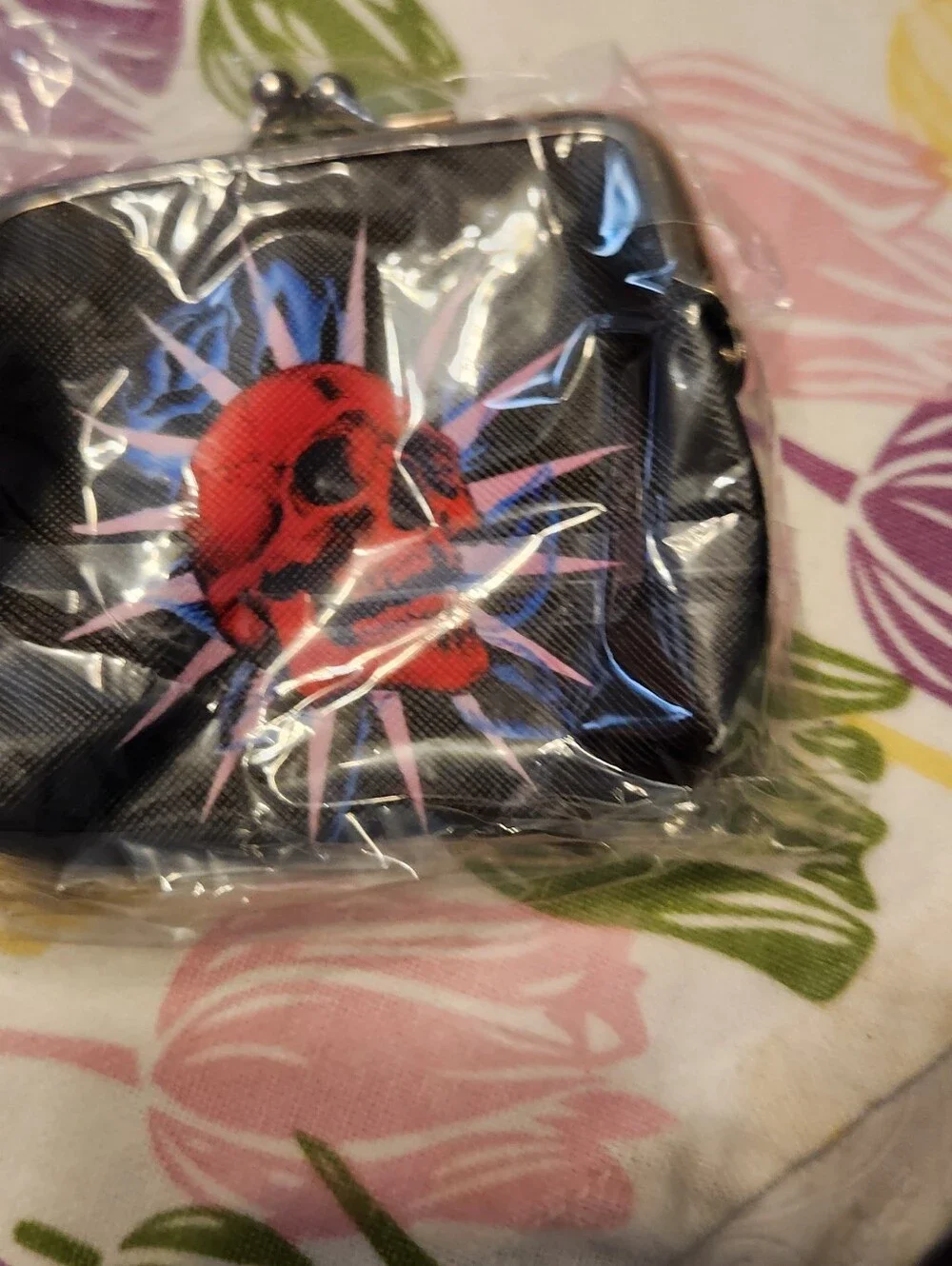 Black Coin Purse with Printed On Red Skull Design